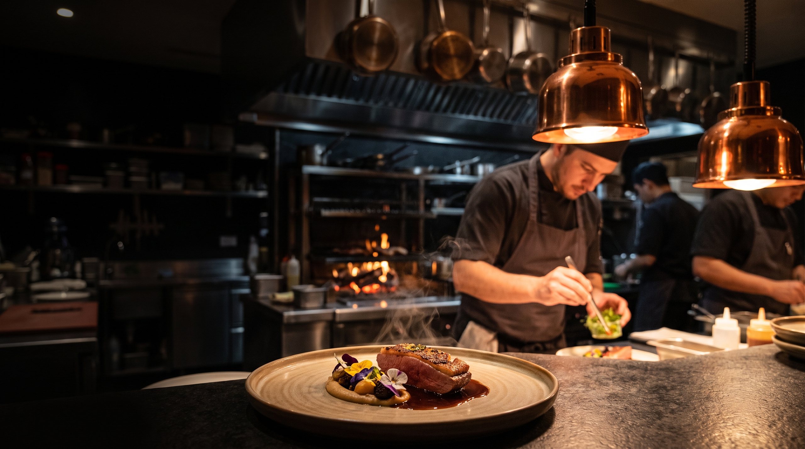 Chef finalizando um prato sob luminárias de cobre, com a brasa viva ao fundo.